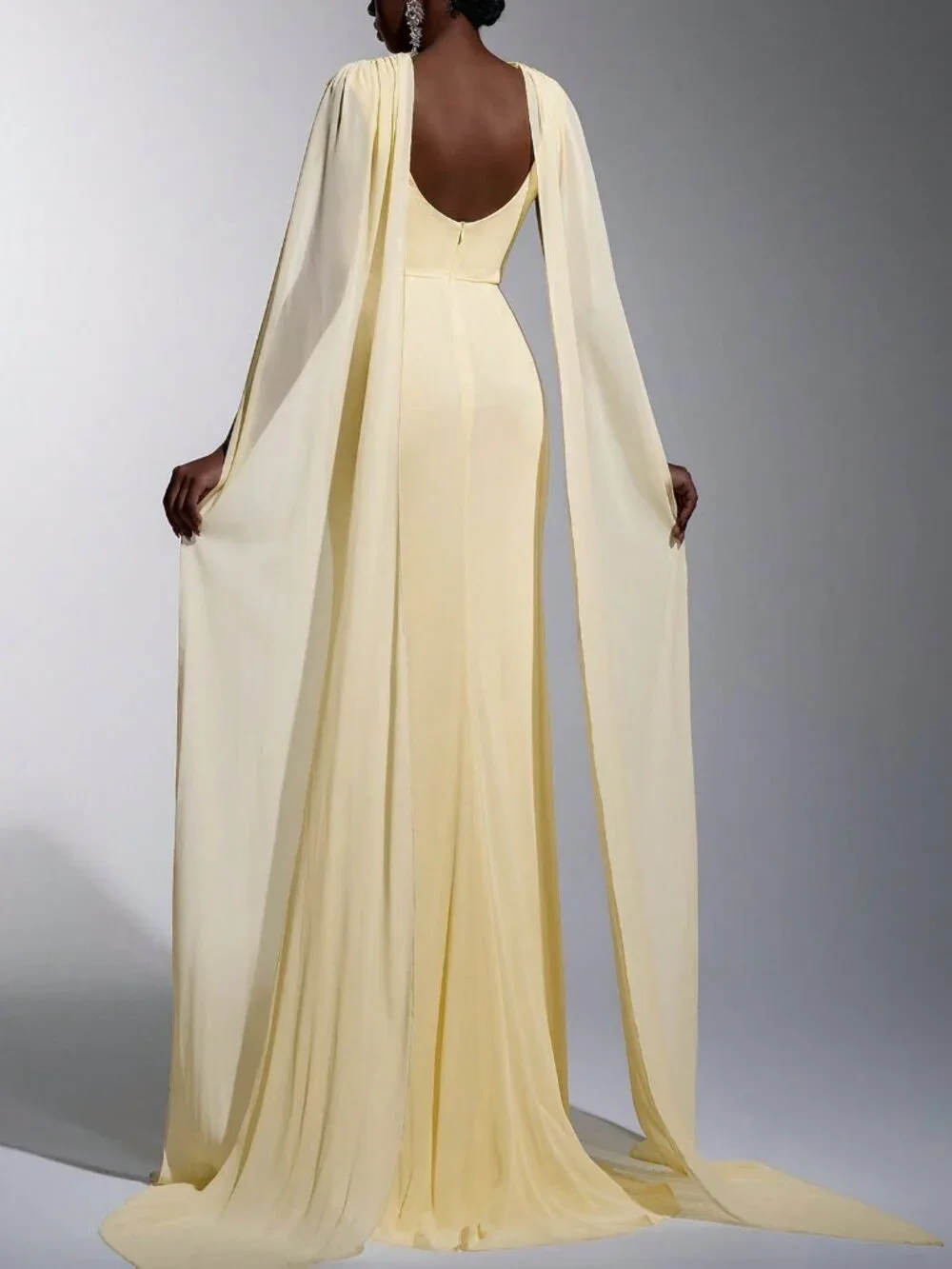 Yellow Elegant Women's Chiffon Ruffle Neck Fishtail Hem Formal Dress